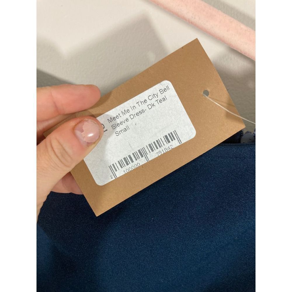 NWT Meet Me In The City Bell Sleeve Teal Blue Blush Dress - Picture 4 of 7